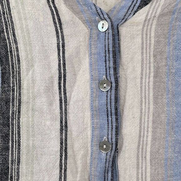 Drew Linen Blend Striped Ruffle Flutter Sleeve V-Neck Button Down Blue Top XS - Picture 4 of 6